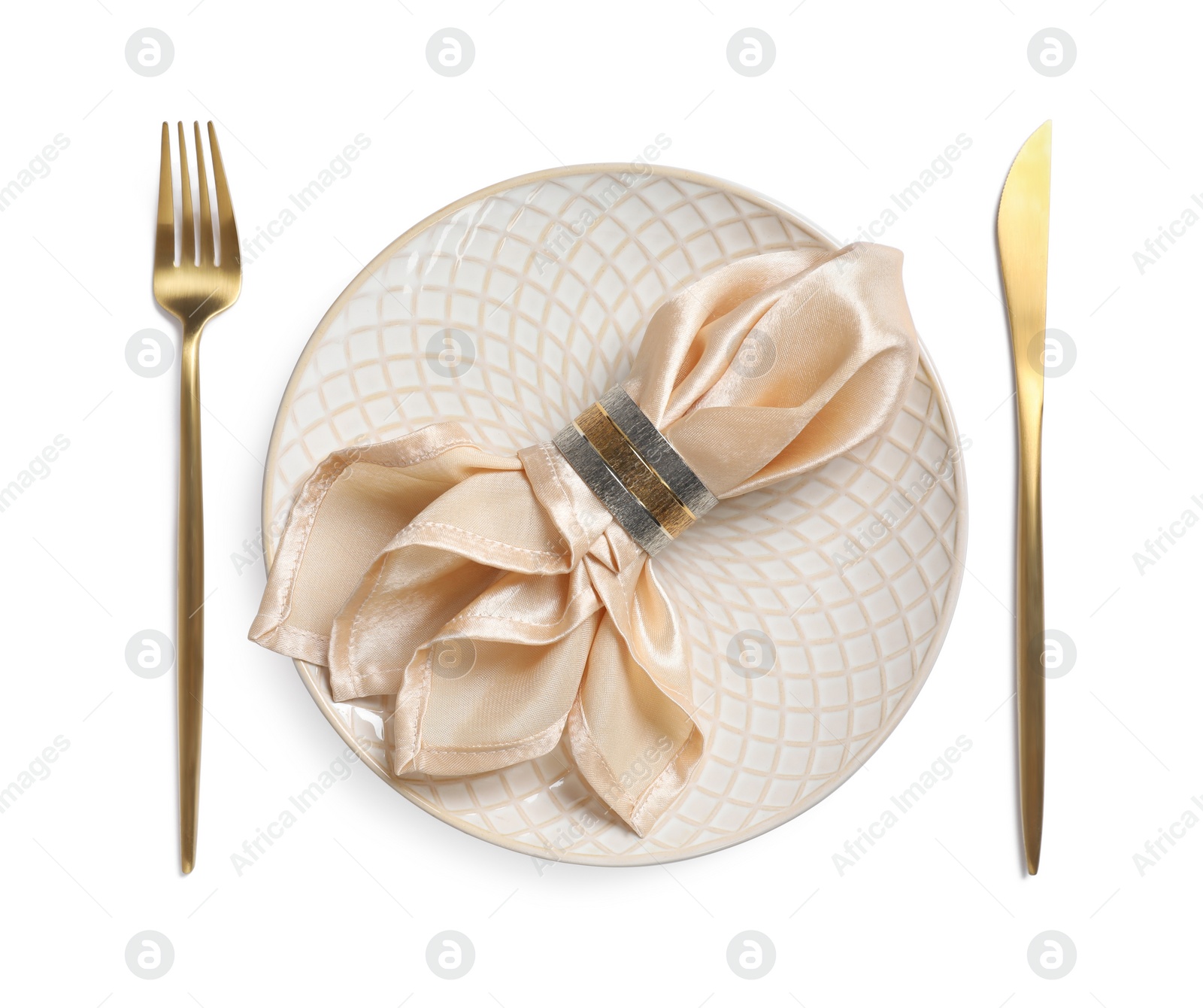 Photo of Beautiful table setting with golden cutlery and beige napkin on white background, top view
