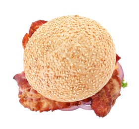 Image of Tasty burger with bacon on white background, top view