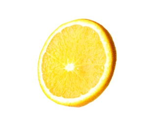 Photo of Slice of ripe orange on white background