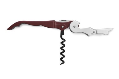 Photo of One corkscrew (sommelier knife) isolated on white, top view