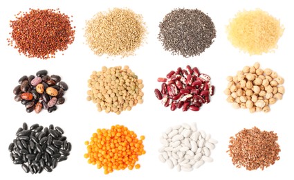 Image of Set with different legumes, grains and seeds on white background, top view. Vegan diet