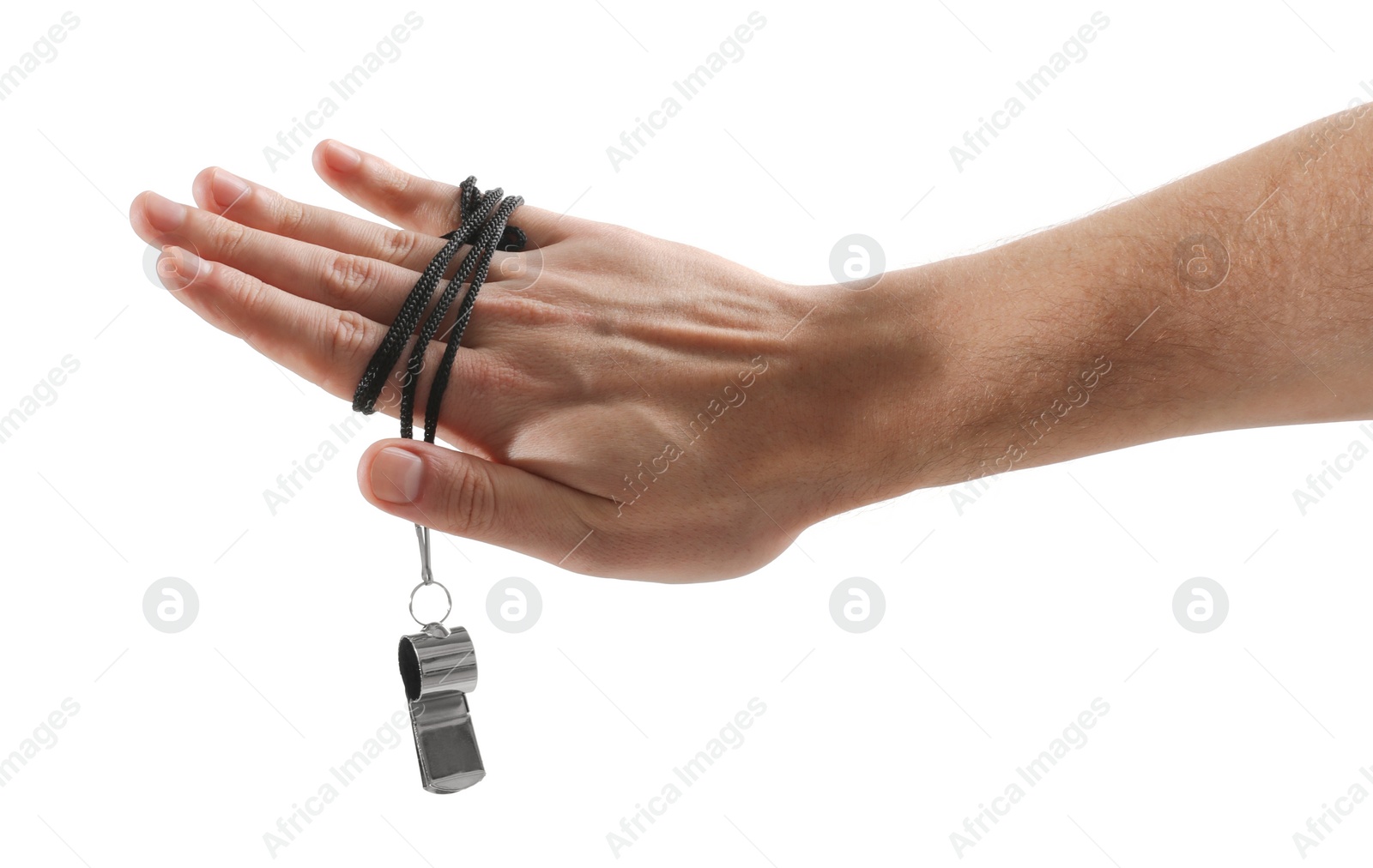 Photo of Referee holding whistle on white background, closeup