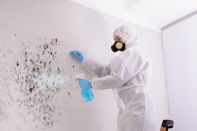 Image of Woman in protective suit and rubber gloves spraying mold remover onto wall
