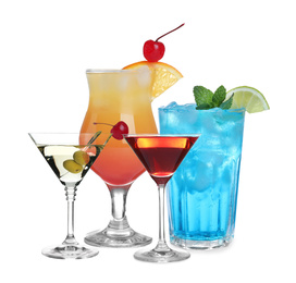 Image of Set of refreshing alcoholic drinks on white background