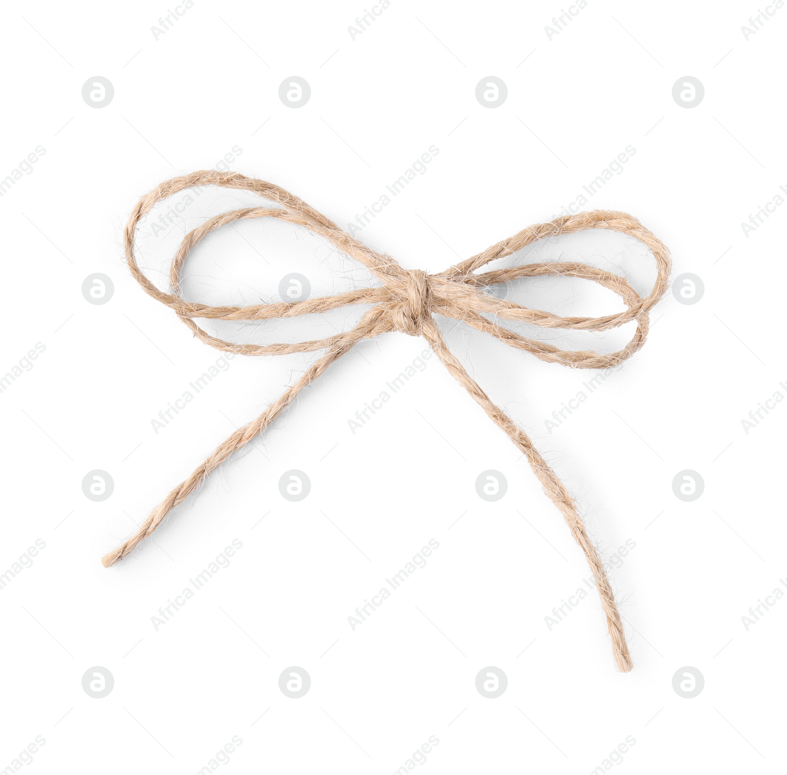 Photo of Linen rope string bow isolated on white, top view