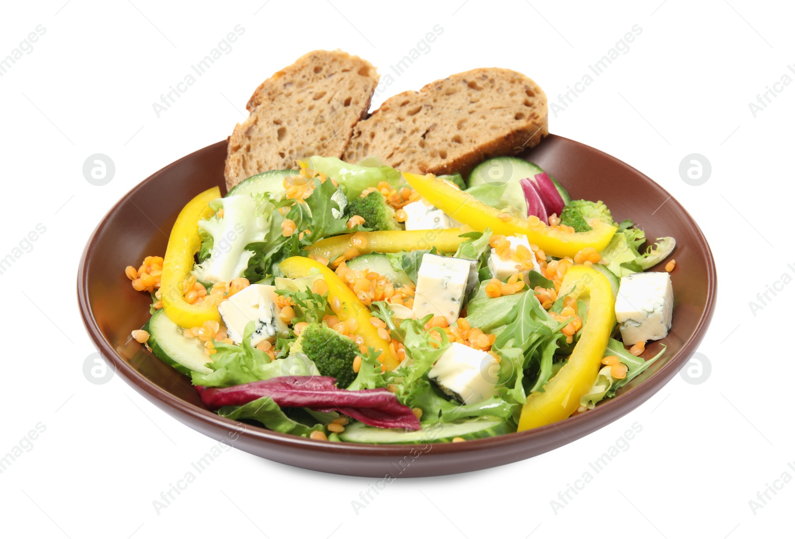 Photo of Plate of delicious salad with lentils, vegetables and bread isolated on white