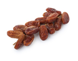 Photo of Sweet dates on branch against white background. Dried fruit as healthy snack