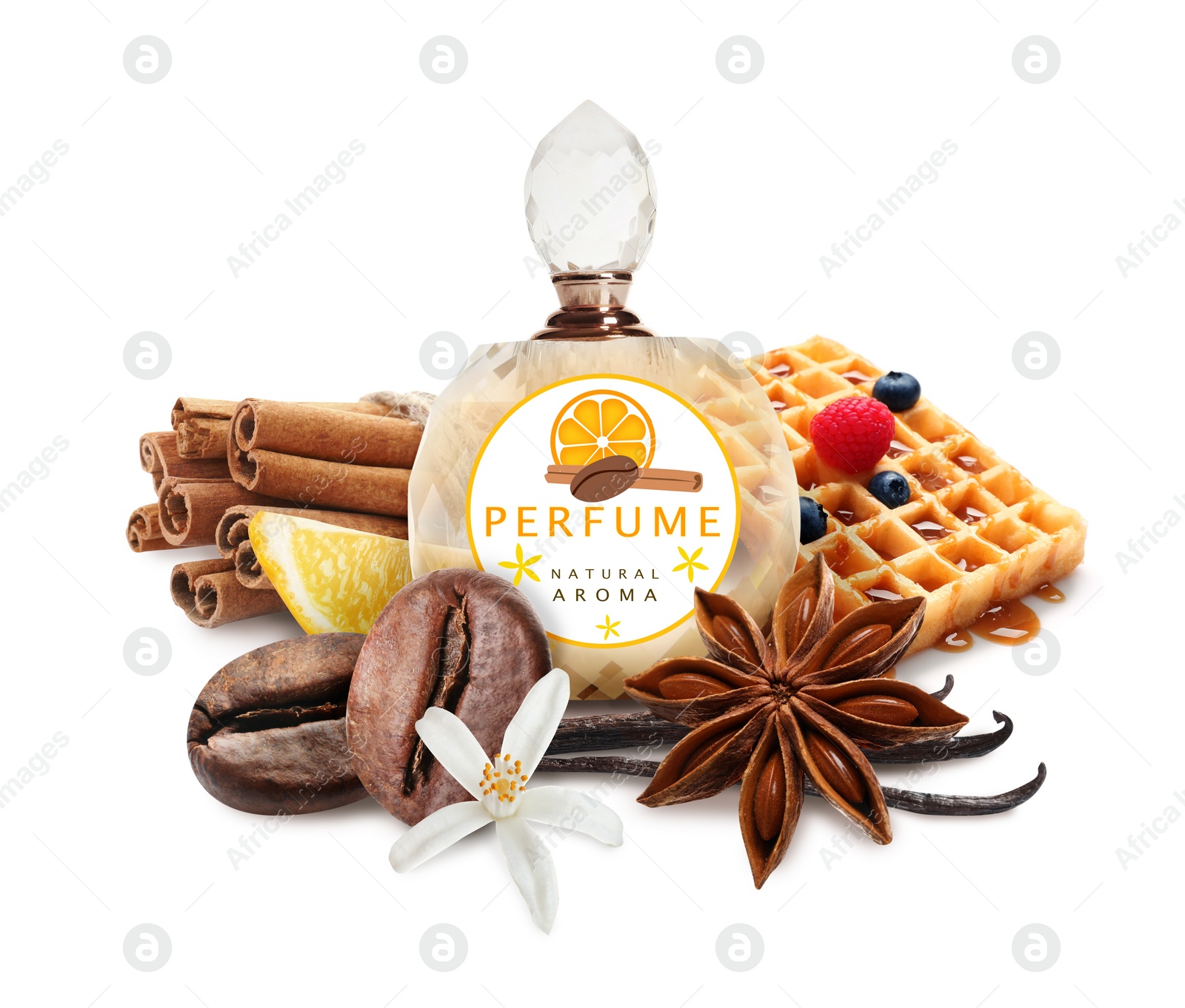 Image of Bottle of perfume and different spices on white background