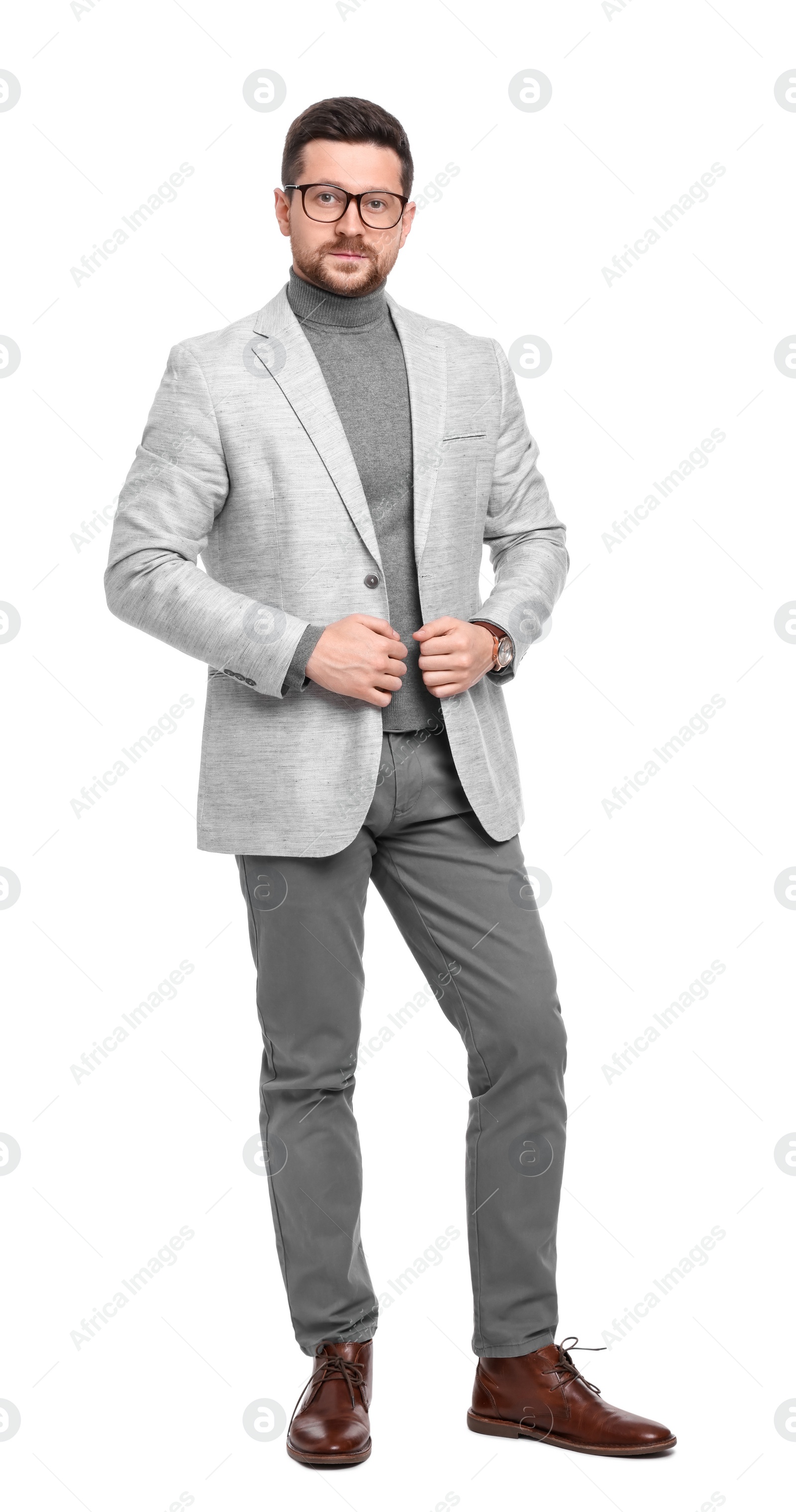 Photo of Handsome bearded businessman in eyeglasses on white background