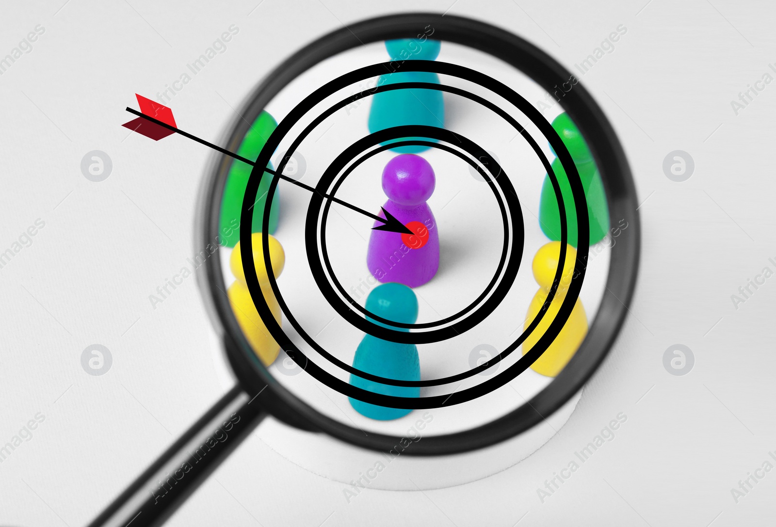 Image of Arrow aiming to pawn, view through magnifying glass with target. White background