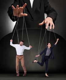 Image of Human relationships demonstrated in puppet show. Workers manipulated by director or manager on dark background