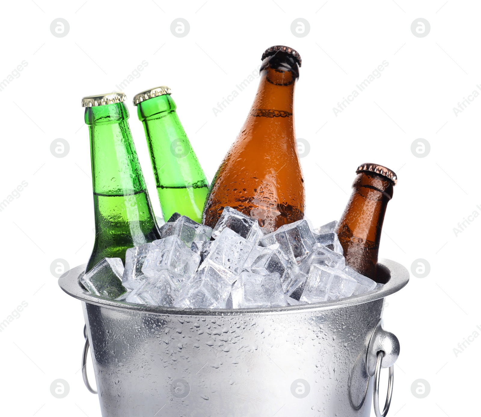 Photo of Metal bucket with bottles of beer and ice cubes isolated on white