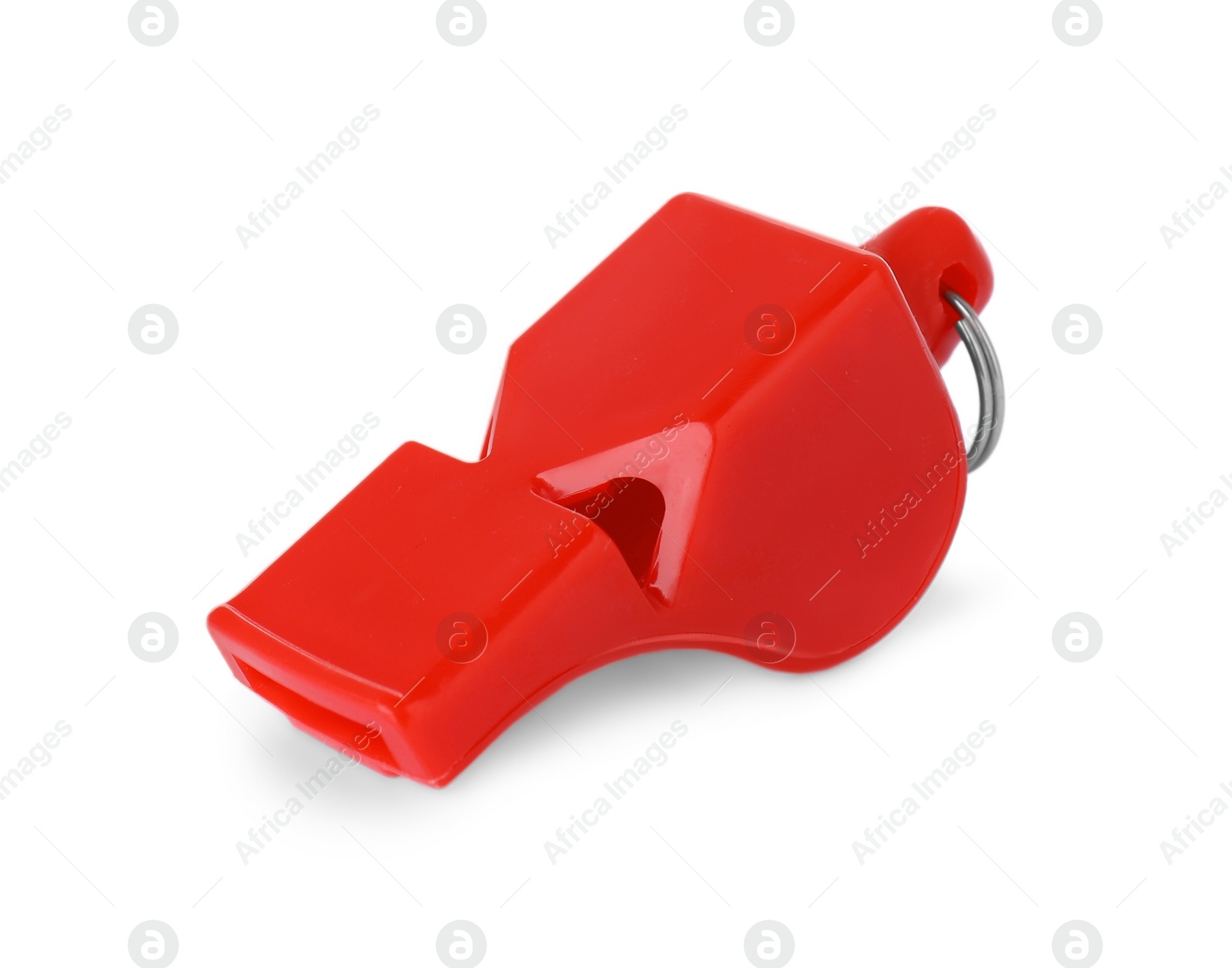 Photo of One red plastic whistle isolated on white