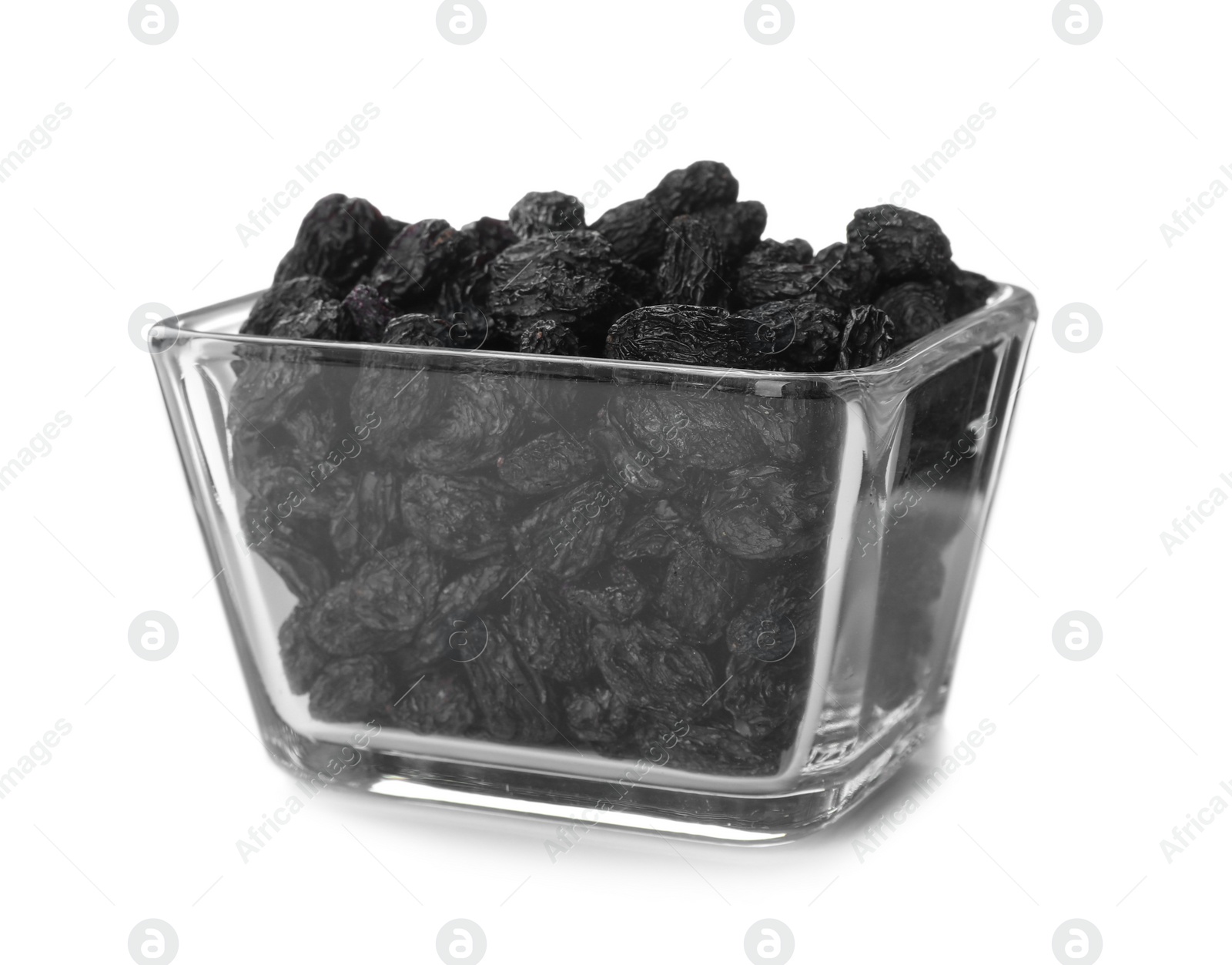 Photo of Bowl with raisins on white background. Healthy dried fruit