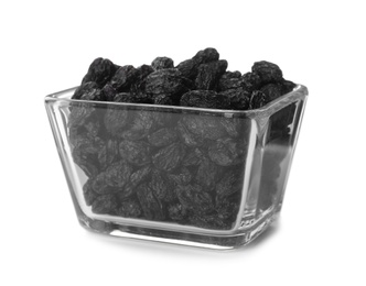 Bowl with raisins on white background. Healthy dried fruit