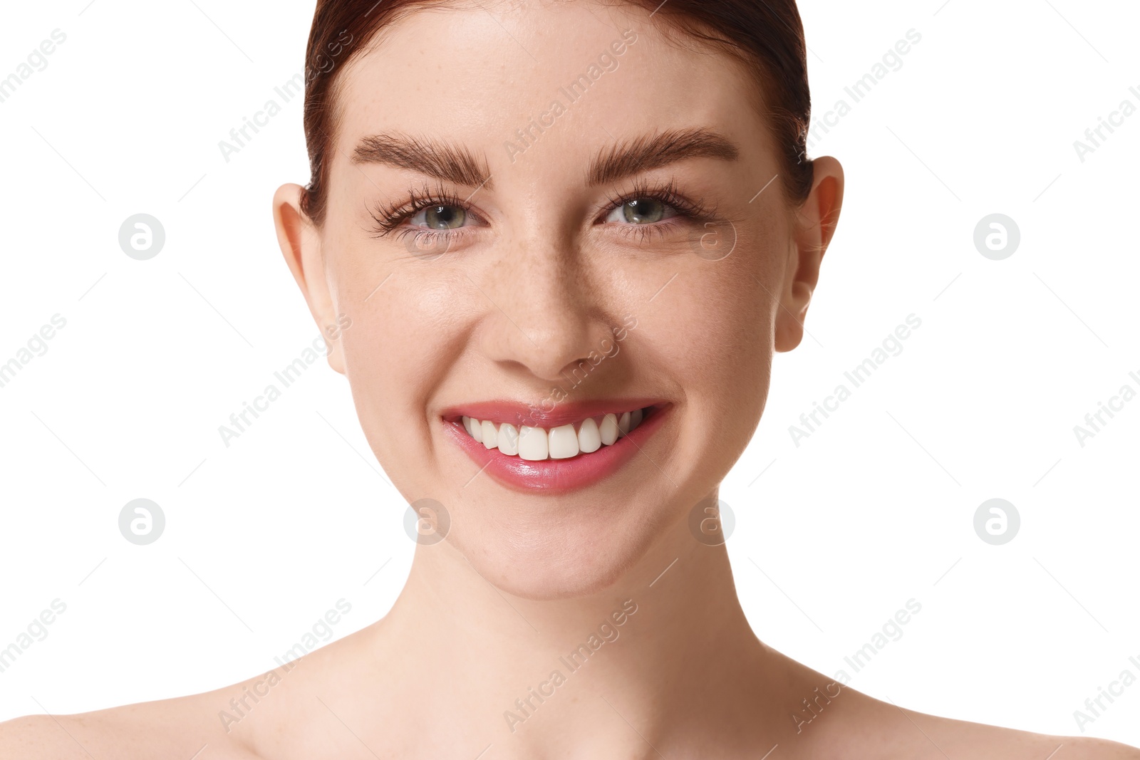 Photo of Portrait of smiling woman on white background, closeup