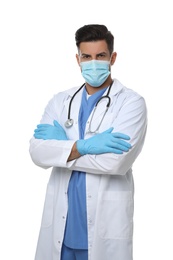 Doctor in protective mask and medical gloves against white background
