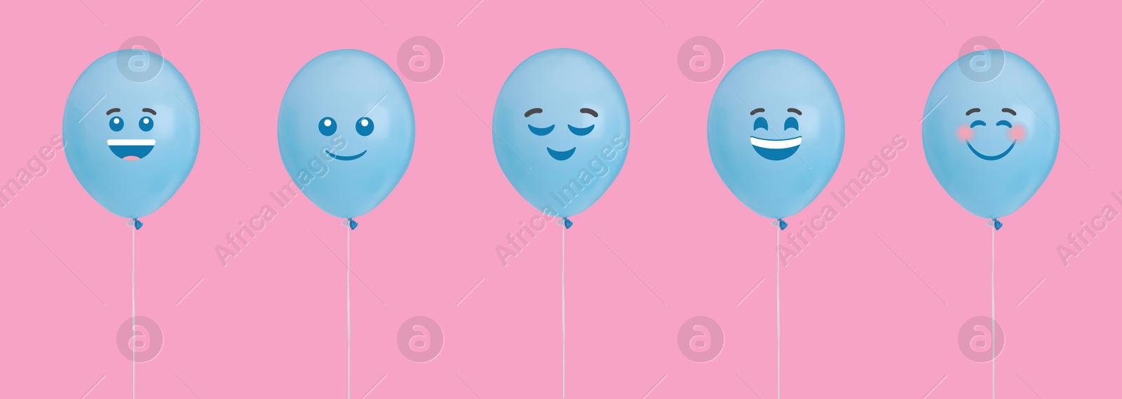 Image of Set of balloons with different emoticons on pink background. Banner design