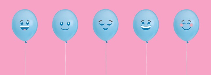 Image of Set of balloons with different emoticons on pink background. Banner design