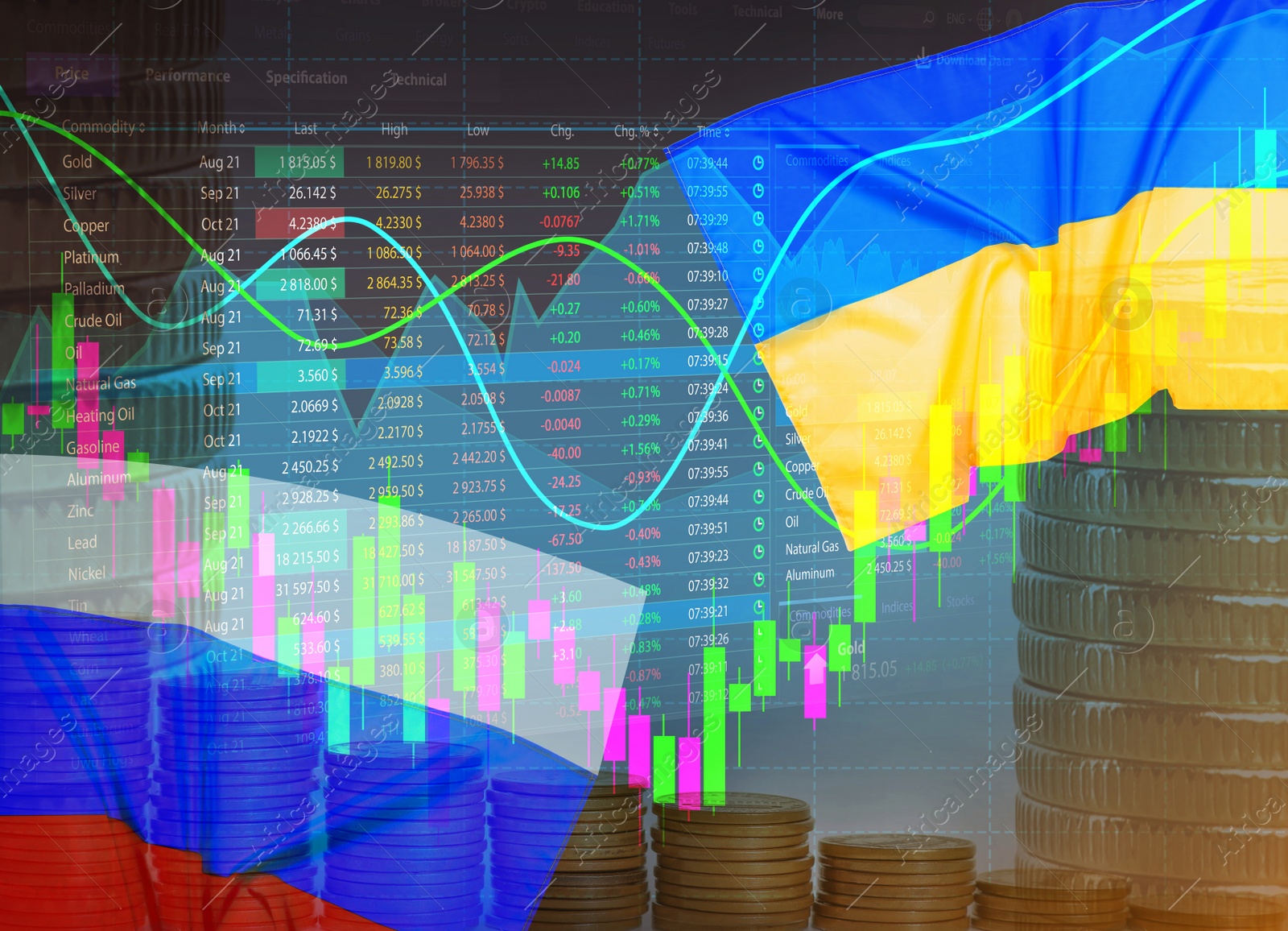 Image of Multiple exposure of Ukrainian, Russian flags, coins and digital stock exchange market charts