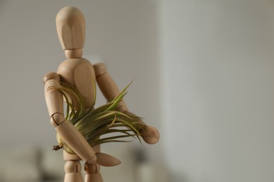 Photo of Wooden human figure with beautiful Tillandsia plant indoors, closeup and space for text. Home decor