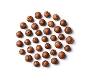 Photo of Composition with organic Macadamia nuts on white background, top view