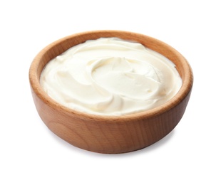 Photo of Bowl with sour cream on white background