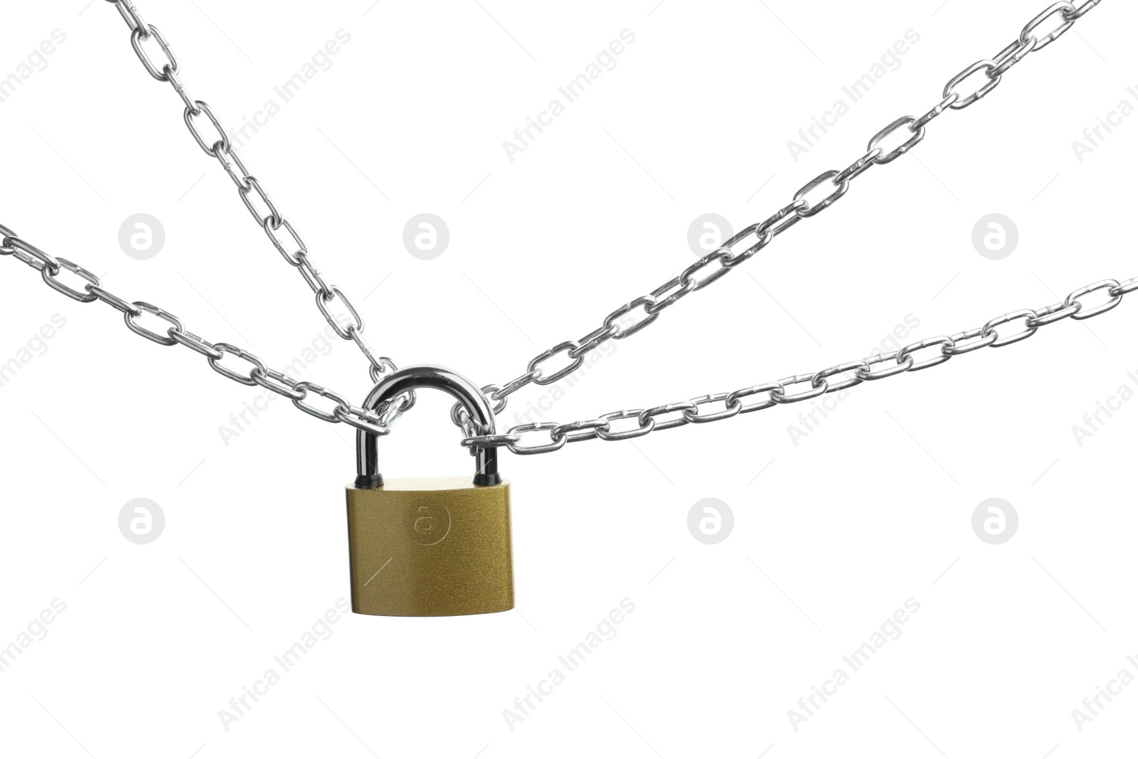 Photo of Steel padlock and chains isolated on white, top view. Safety concept