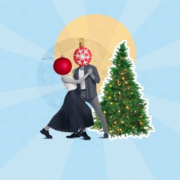 Image of Christmas art collage. Dancing couple with festive balls instead of heads on color background
