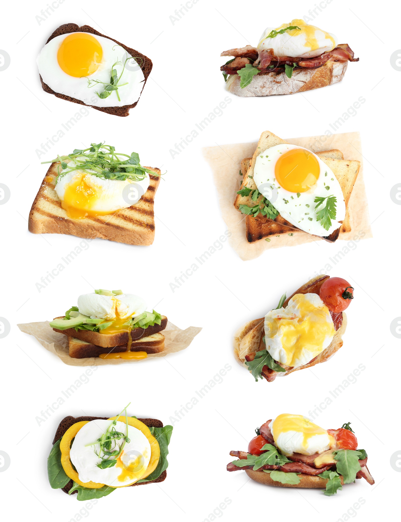 Image of Set of different egg sandwiches on white background