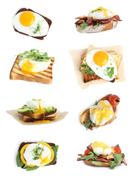 Set of different egg sandwiches on white background