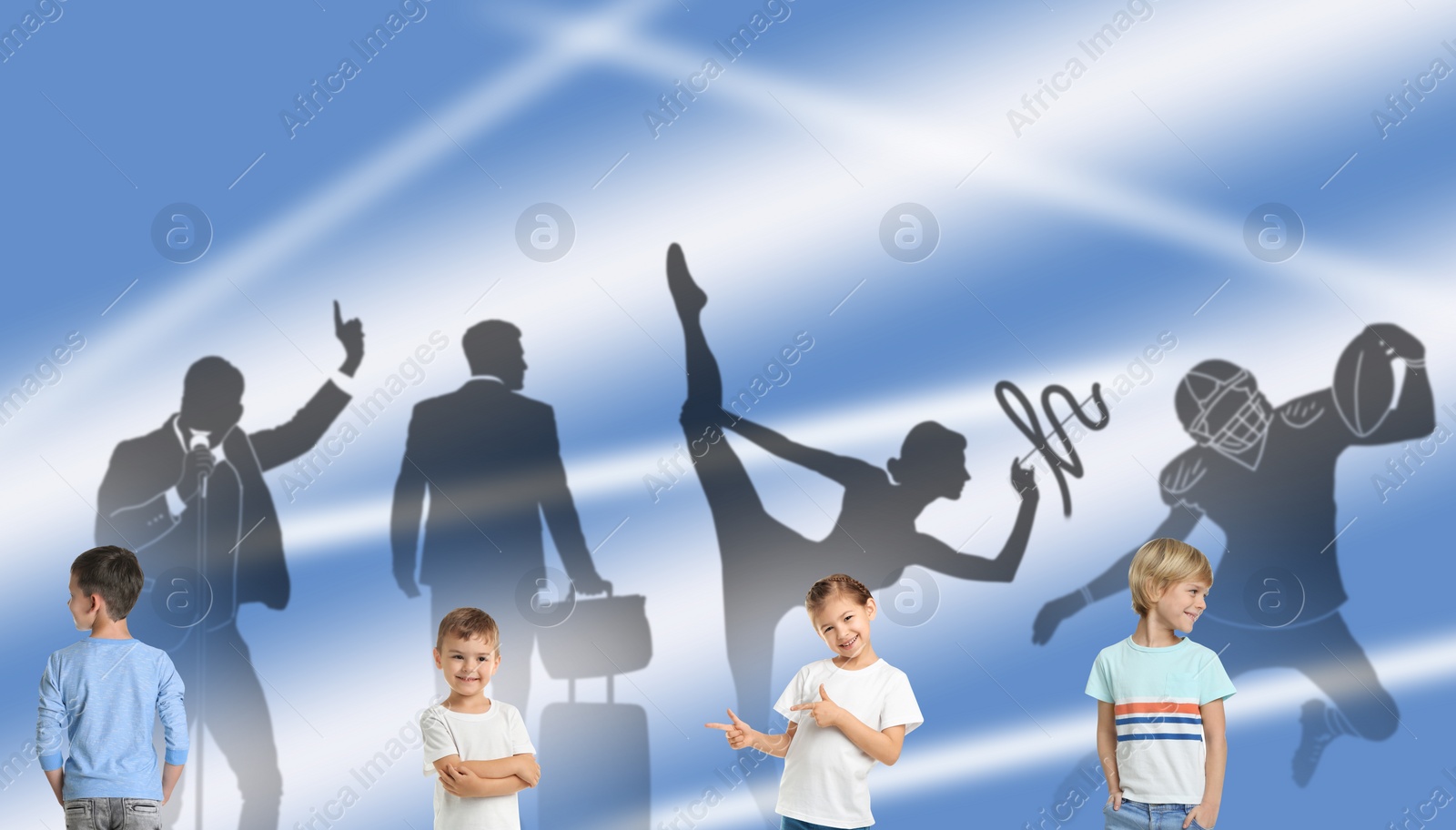 Image of Childhood dreams. Little kids against silhouettes of singer, businessman, rhythmic gymnast and American football player