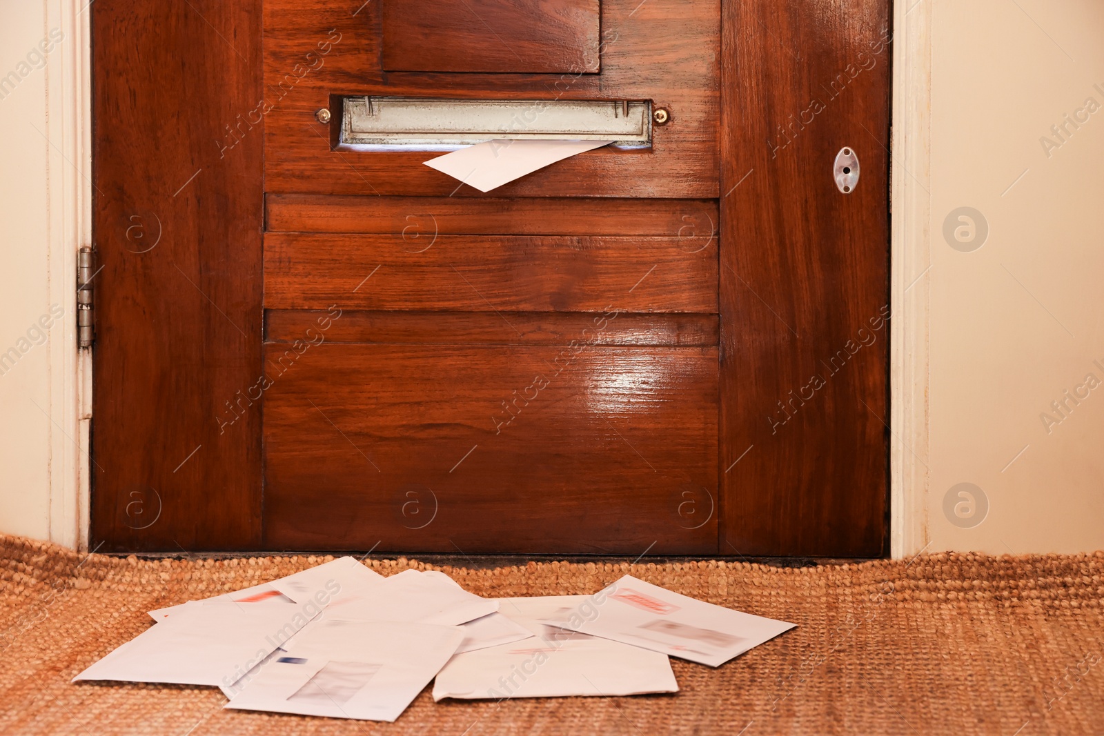 Photo of Wooden door with mail slot and many envelopes indoors