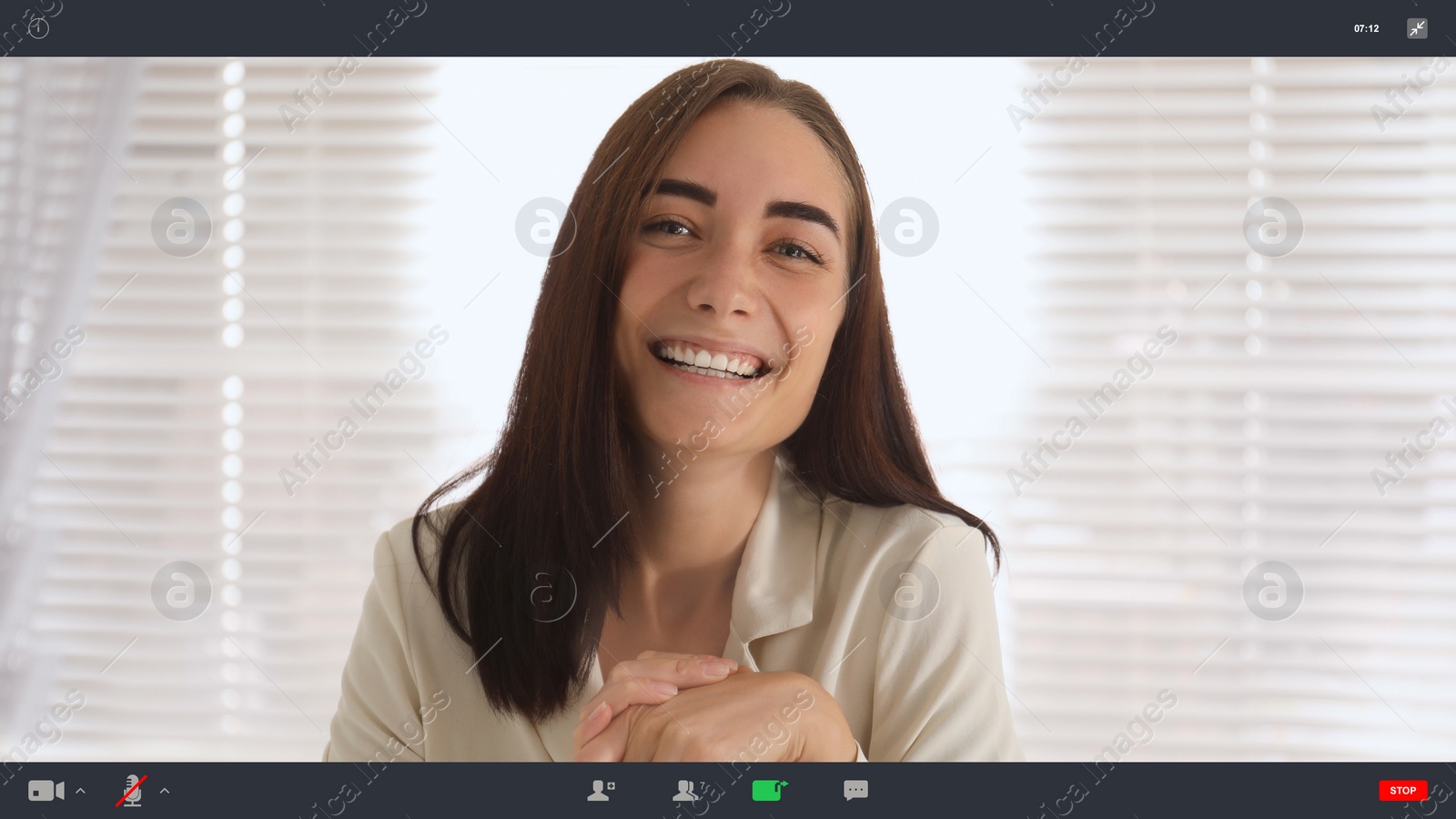 Image of Woman communicating with coworkers from home using video chat, view through camera