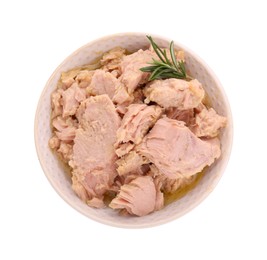 Bowl with canned tuna and rosemary isolated on white, top view