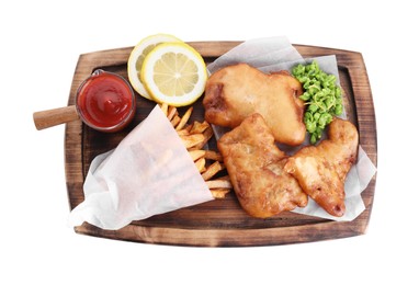 Photo of Tasty fish, chips, sauce and peas isolated on white, top view