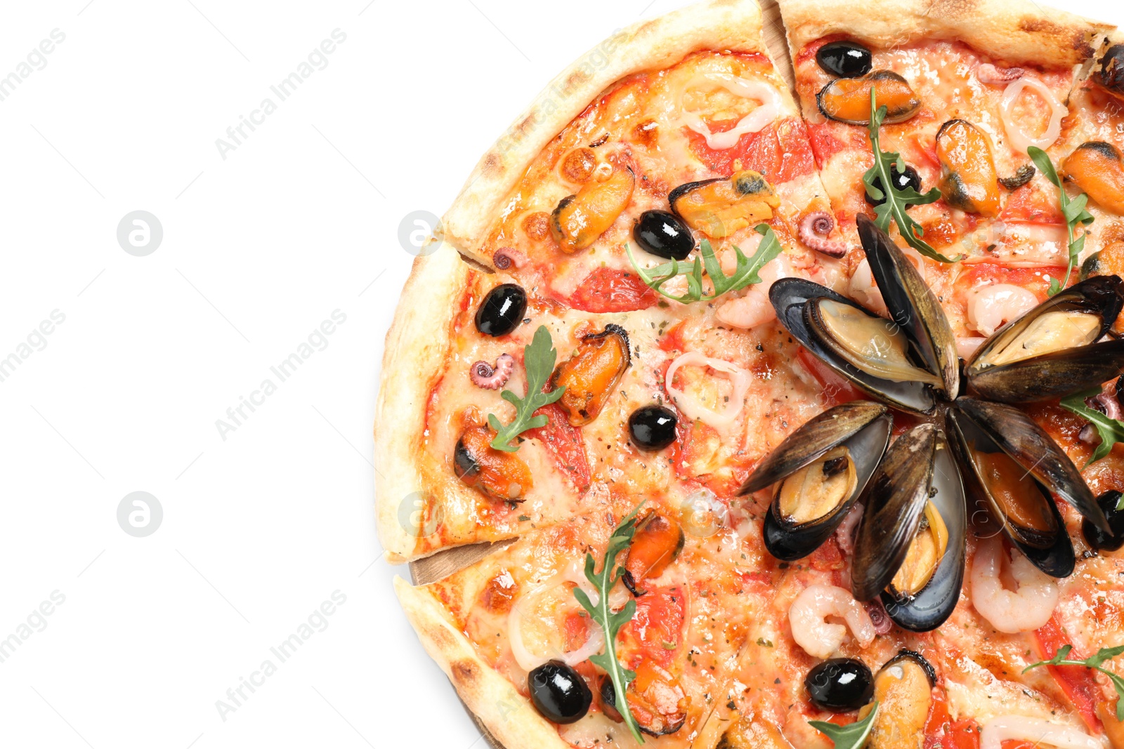 Photo of Tasty pizza with seafood isolated on white, top view