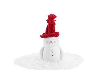 Cute decorative snowman and artificial snow isolated on white