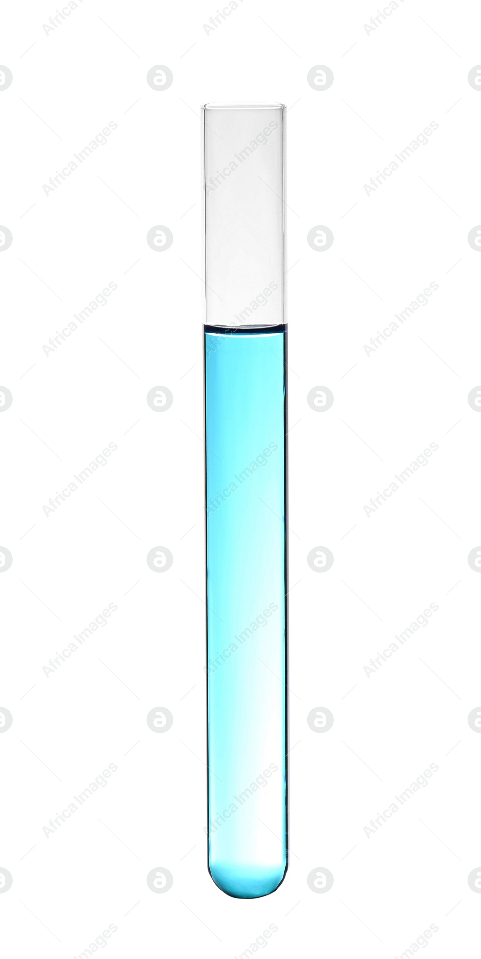 Photo of Test tube with color liquid on white background. Solution chemistry