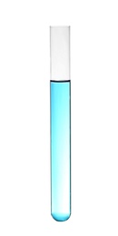 Photo of Test tube with color liquid on white background. Solution chemistry