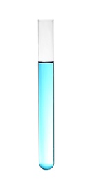 Test tube with color liquid on white background. Solution chemistry