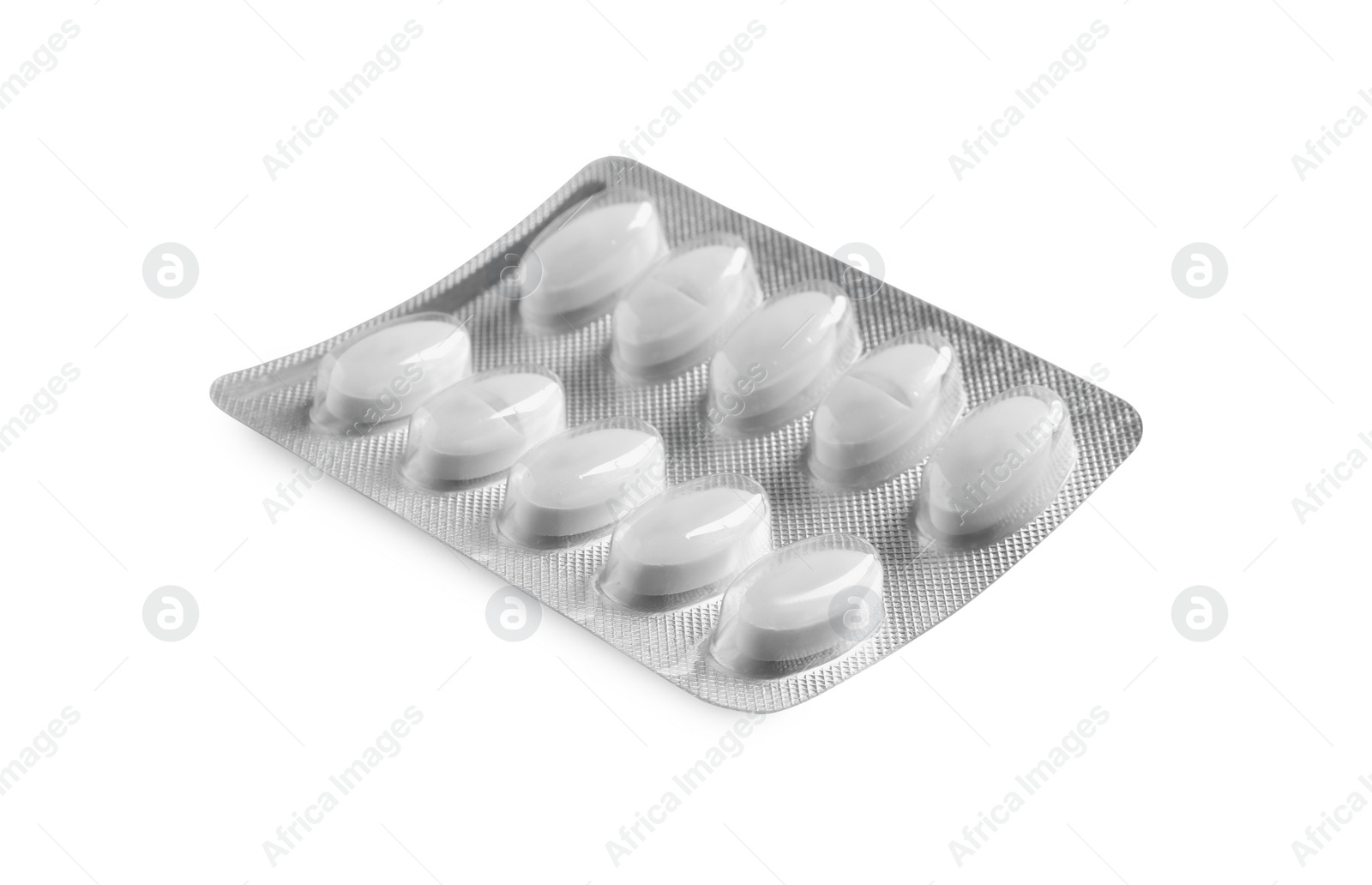 Photo of Blister of pills on white background. Medicinal treatment