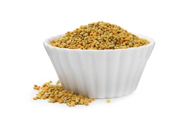 Fresh bee pollen granules in bowl isolated on white