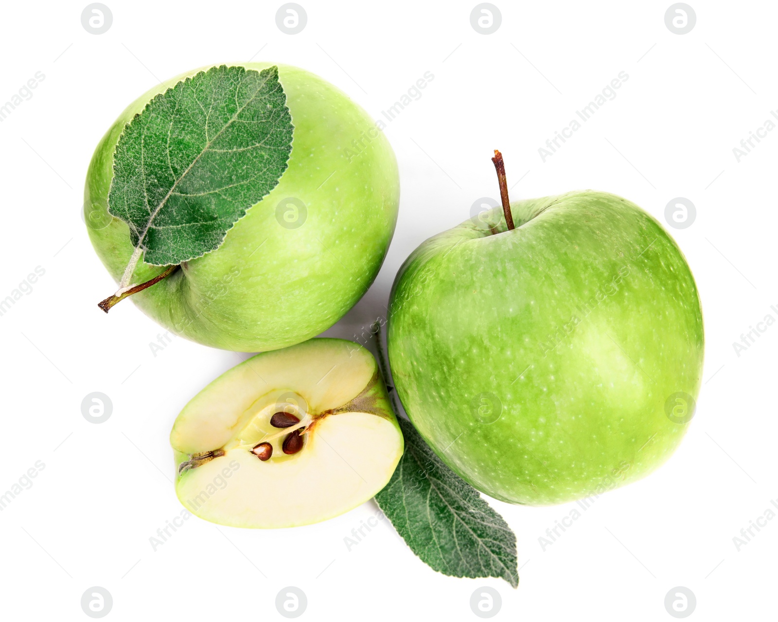 Photo of Fresh ripe green apples with leaves on white background, top view