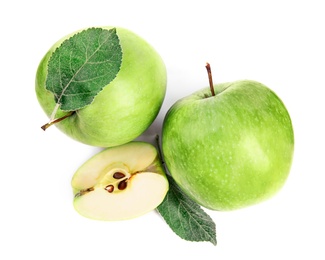 Photo of Fresh ripe green apples with leaves on white background, top view