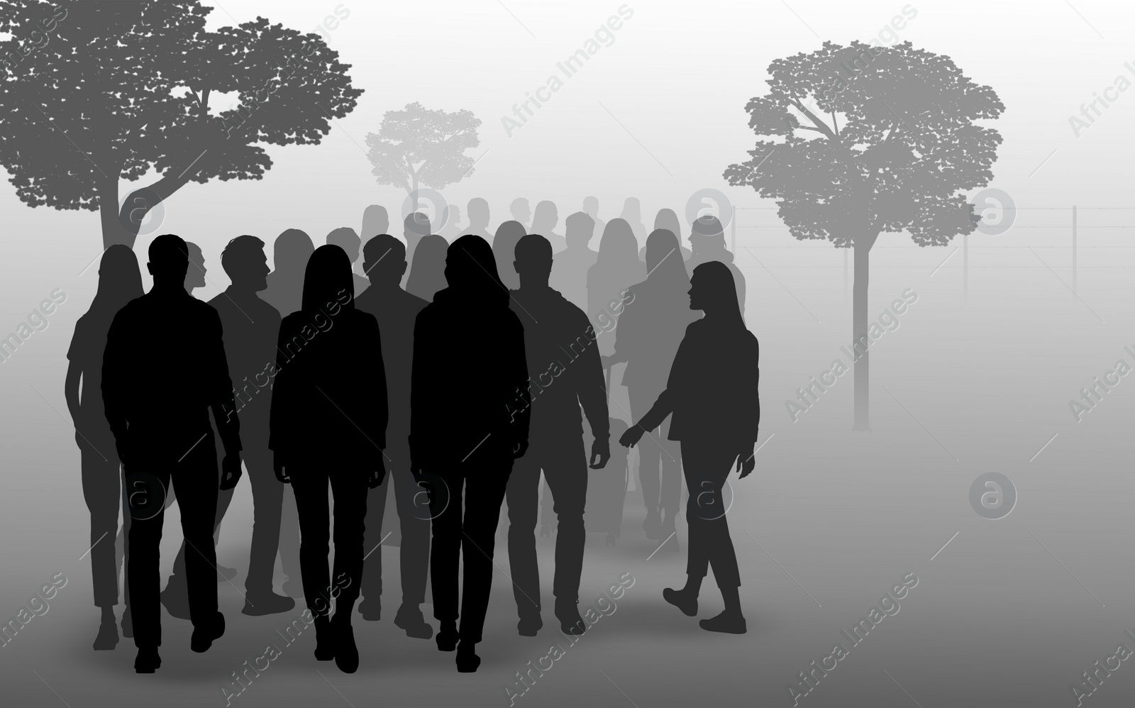 Image of Immigration. Silhouettes of people walking outdoors on foggy morning, illustration