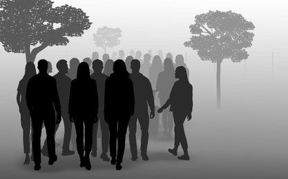 Image of Immigration. Silhouettes of people walking outdoors on foggy morning, illustration