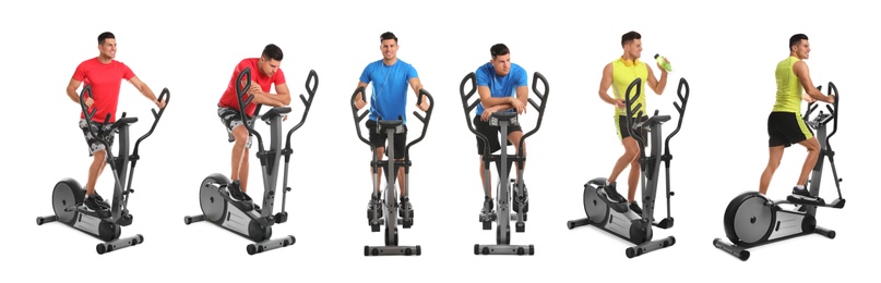 Man using modern elliptical machine on white background, collage. Banner design