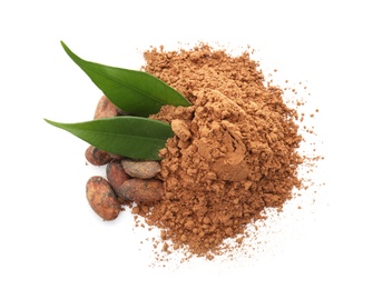 Photo of Cocoa powder and beans on white background