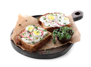 Photo of Delicious sandwiches with radish, egg, cream cheese and microgreens on white background
